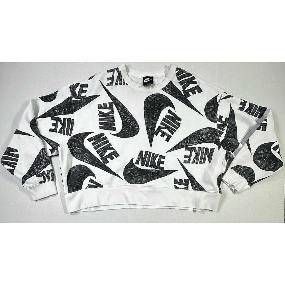 Nike‎ Sportswear Crewneck Sweatshirt 2X White Black All Over Logo Print